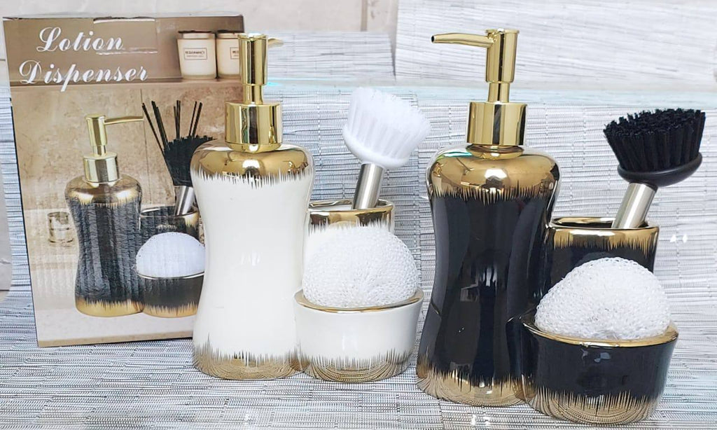 Combined 3 level ceramic lotion / soap dispenser with 2 slots brush and wash pad