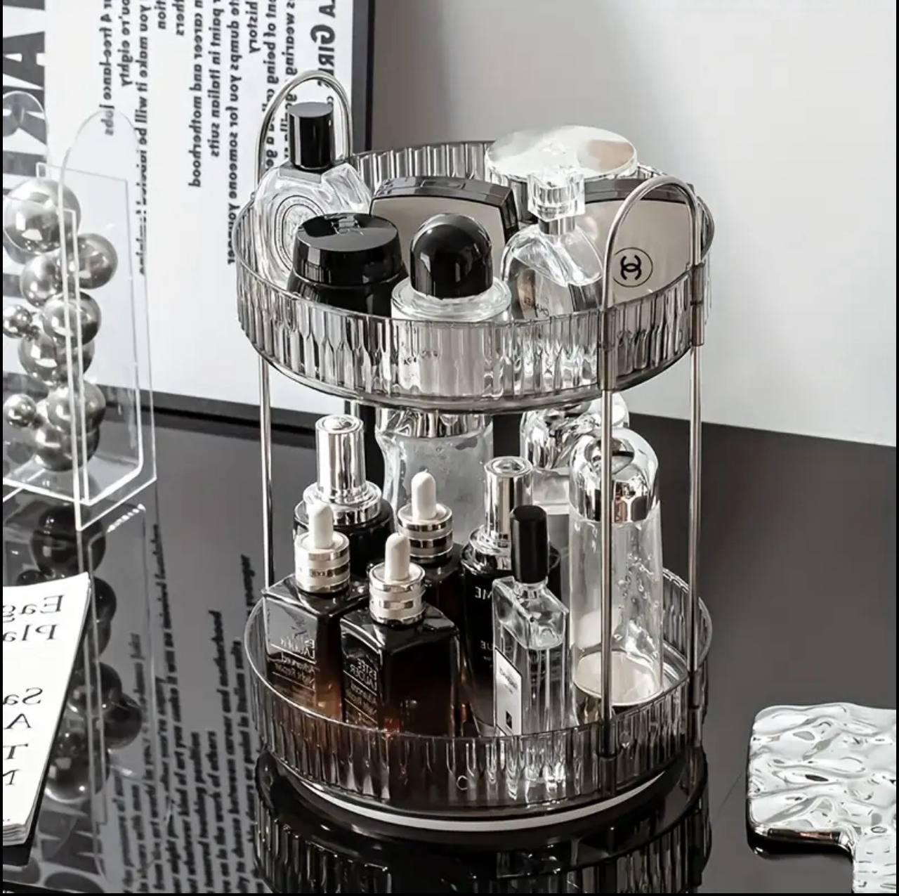 360 DEGREE 2 TIER ROTATING  MULTIFUNCTIONAL TRANSPARENT MAKEUP/COSMETIC ORGANIZER.