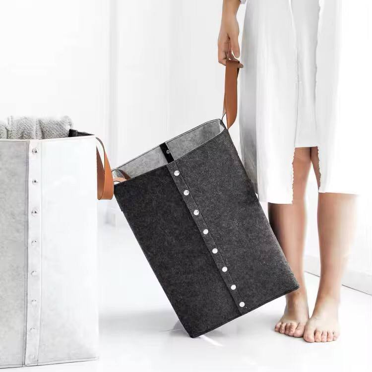 Foldable laundry basket with leather handles