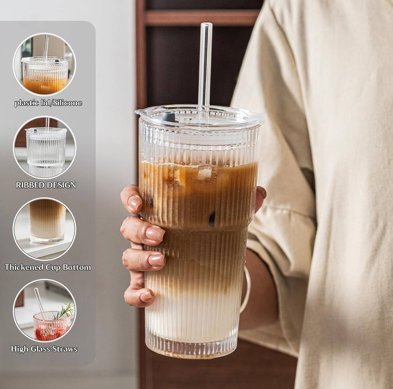 650ml ribbed glass tumbler