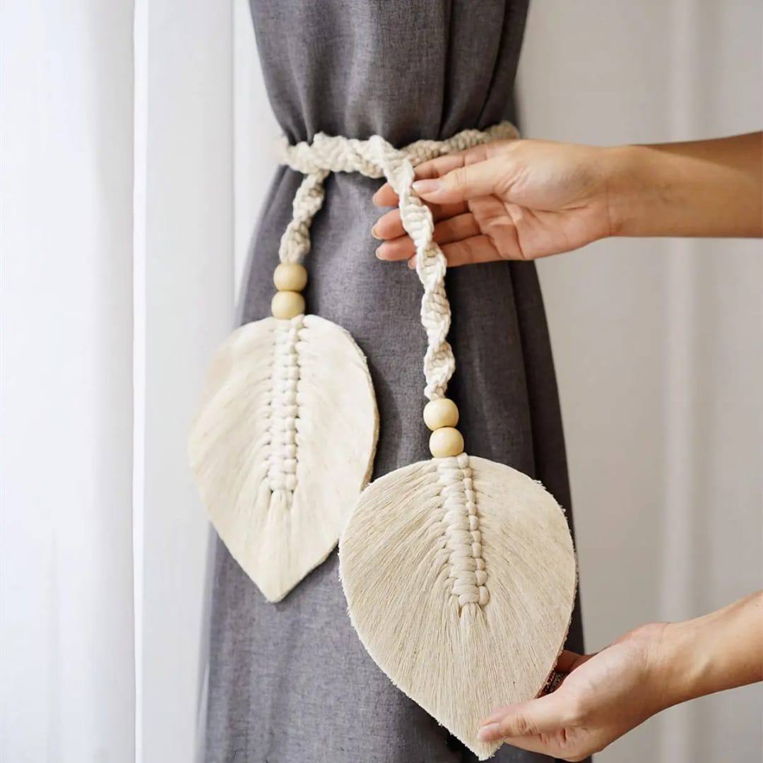 Leaf Curtains with Straps Home Bohemian Lace Living Room Bedroom Curtains with Straps Pure Handmade Woven Leaf Curtains Tie