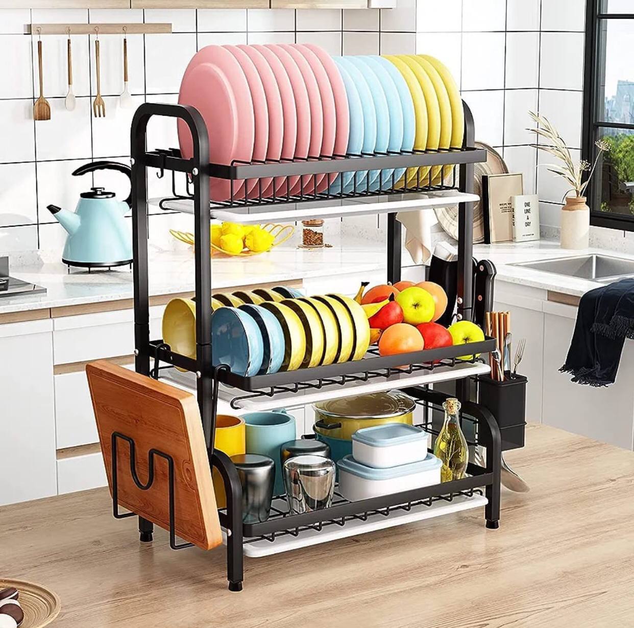 High quality heavy duty 3 tier dish rack with cutlery holder