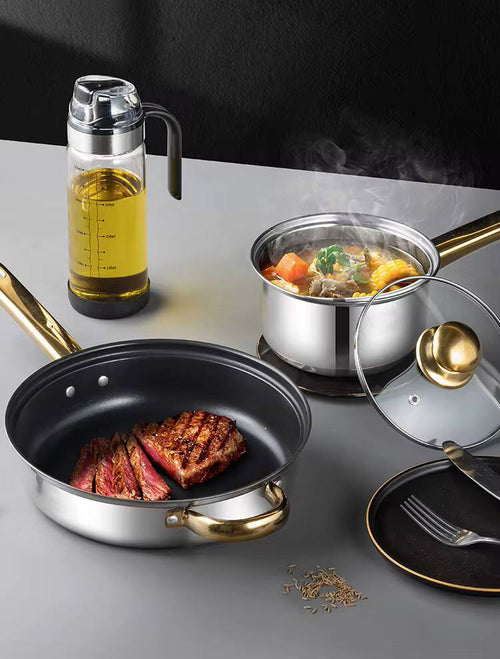 12-Piece Stainless Steel Cookware Set
Golden Handle Kitchen Pots & Pans .