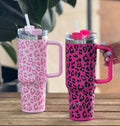 1200ml Large Capacity Vacuum Insulated Stainless Steel Tumbler,chui/Leopard Print, with Handle, Light Pink Leopard