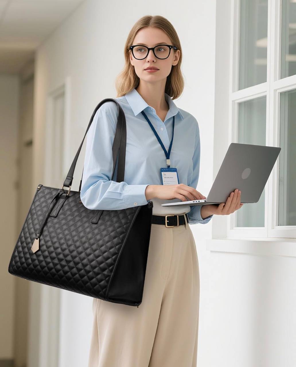 Quilted Large Capacity 15.6‰۝ Business Laptop Tote Bag with Insulated Lunch Compartment