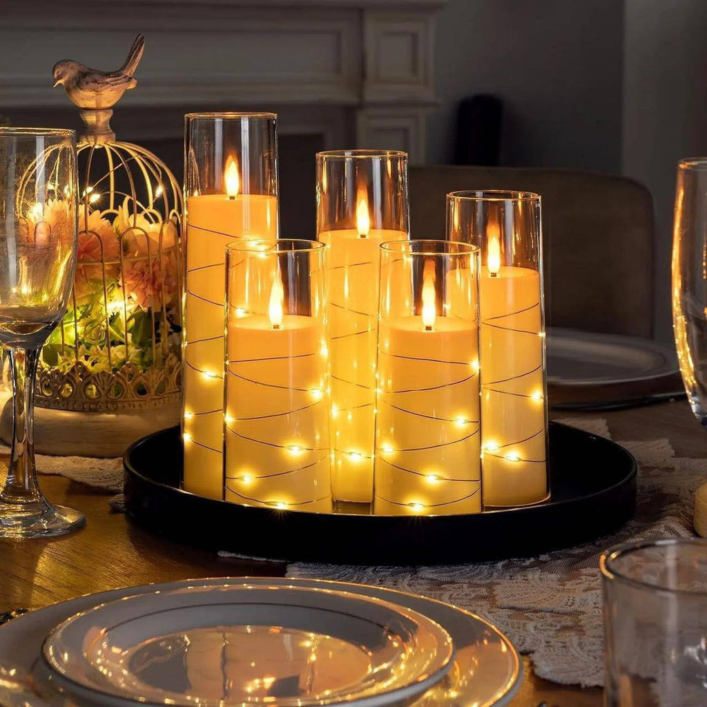 Acrylic flameless LED candles with string light powered by AA batteries remote control operated