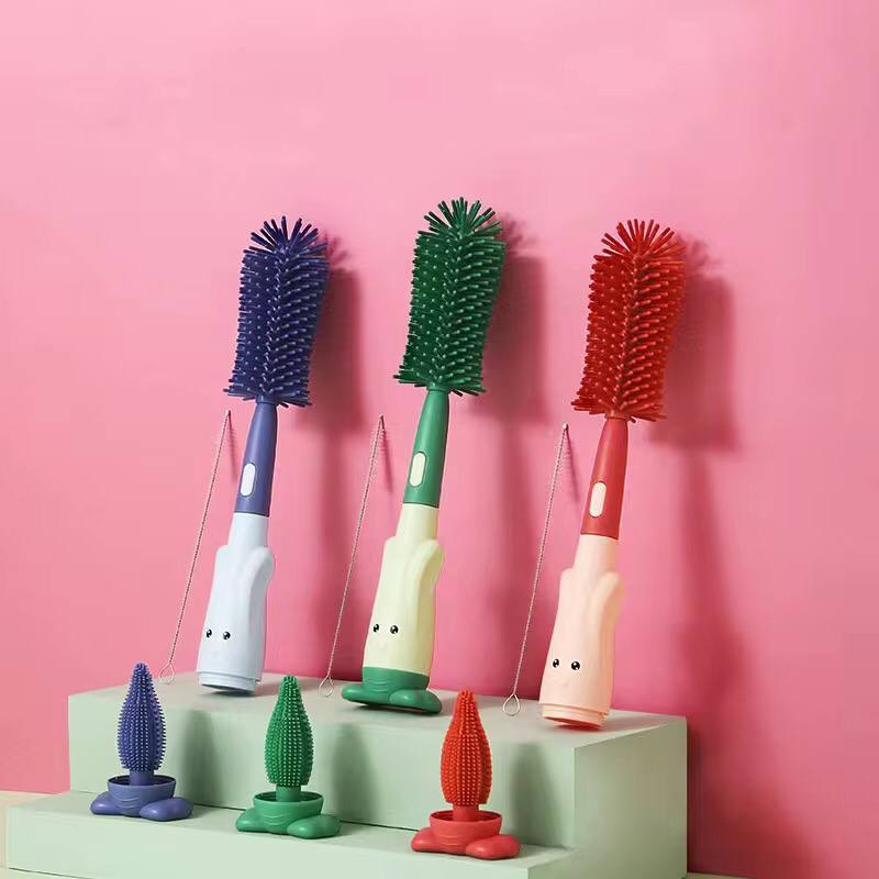 Silicone Bottle Brush 360 Degree Rotation Baby Pacifier Cup Tweezers Nipple Cleaning Brushes Set Handheld Soft Head Food Grade
