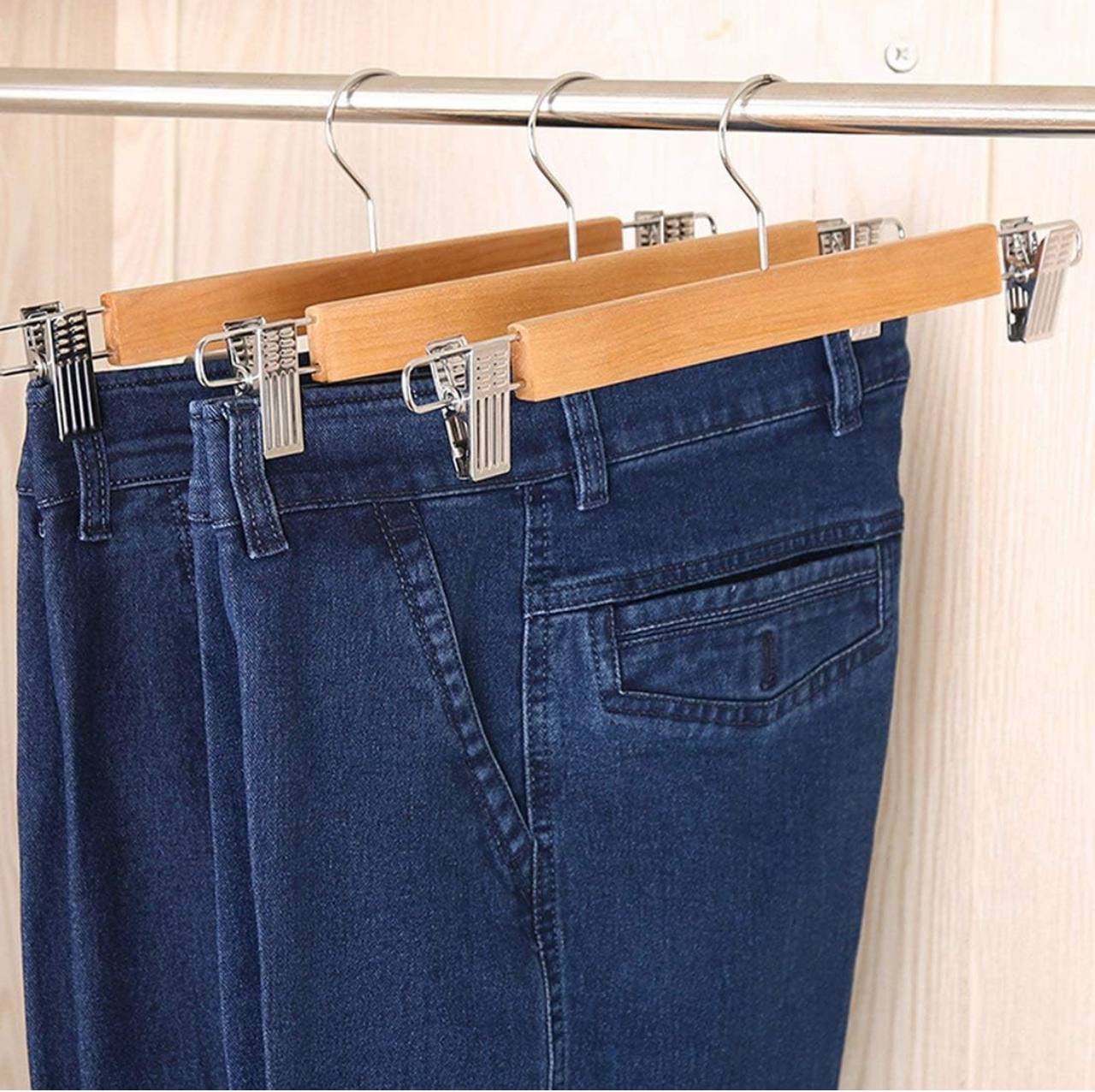 5pcs High Grade Natural Wooden Hangers Skirt Pants Hangers with Clips and 360å¡ Swivel Hook
