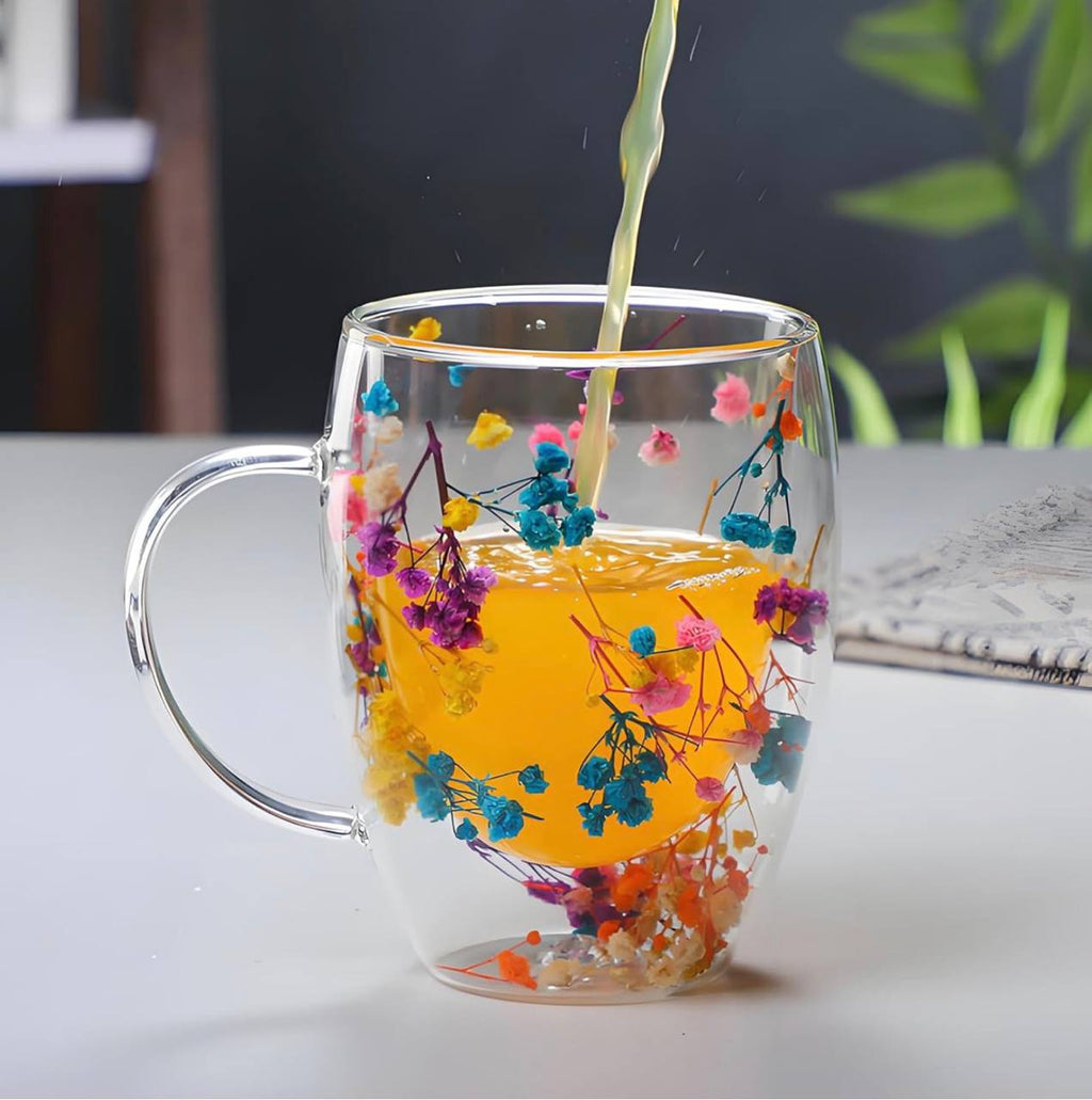 Double Wall Glass Coffee Mug with Colorful Floral Design ‰ÛÒ Heat Resistant Transparent Tea Cup with Handle, Elegant Insulated Glassware for Hot & Cold Drinks, 350ml