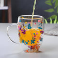 Double Wall Glass Coffee Mug with Colorful Floral Design ‰ÛÒ Heat Resistant Transparent Tea Cup with Handle, Elegant Insulated Glassware for Hot & Cold Drinks, 350ml