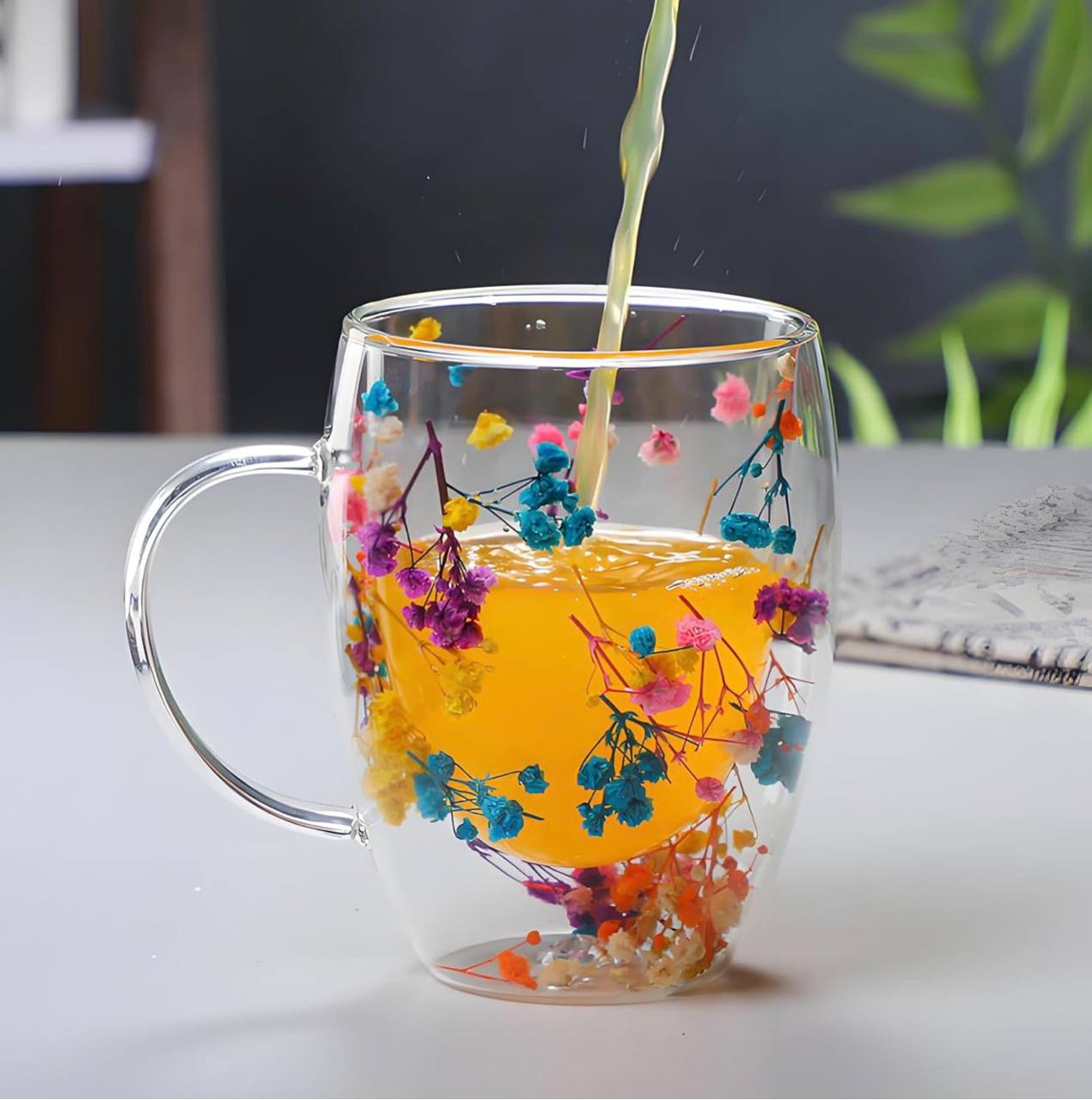 Double Wall Glass Coffee Mug with Colorful Floral Design ‰ÛÒ Heat Resistant Transparent Tea Cup with Handle, Elegant Insulated Glassware for Hot & Cold Drinks, 350ml
