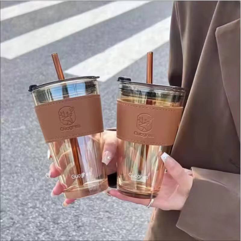 Glass Cups With Cover+Straw+Leather Sleeveand•?ÎReusable Boba Bottle, Iced Coffee Glasses, Travel Tumbler For Bubble Tea